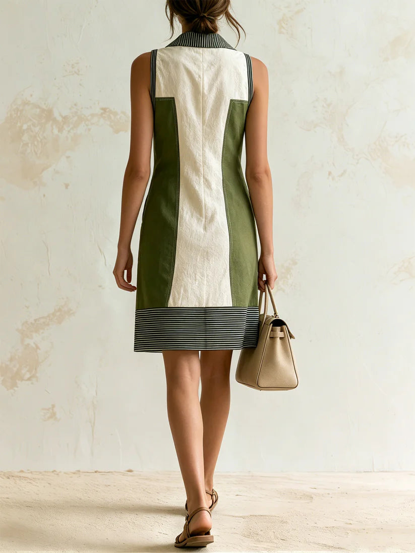 Angeles | Robe chemise courte en lin color block à finitions rayées