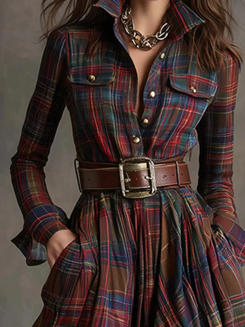 NOLEA Plaid Long Dress with Belt Included