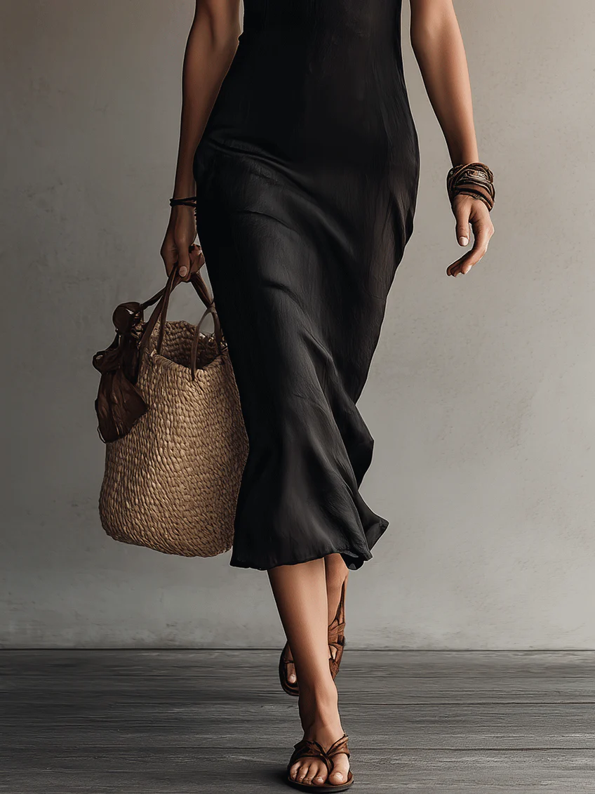 Adriana | Robe midi noire sans manches à col en V et finitions en dentelle
