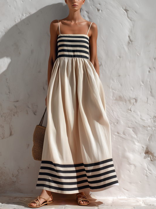Ortensia | Robe longue à rayures noires et beiges à fines bretelles