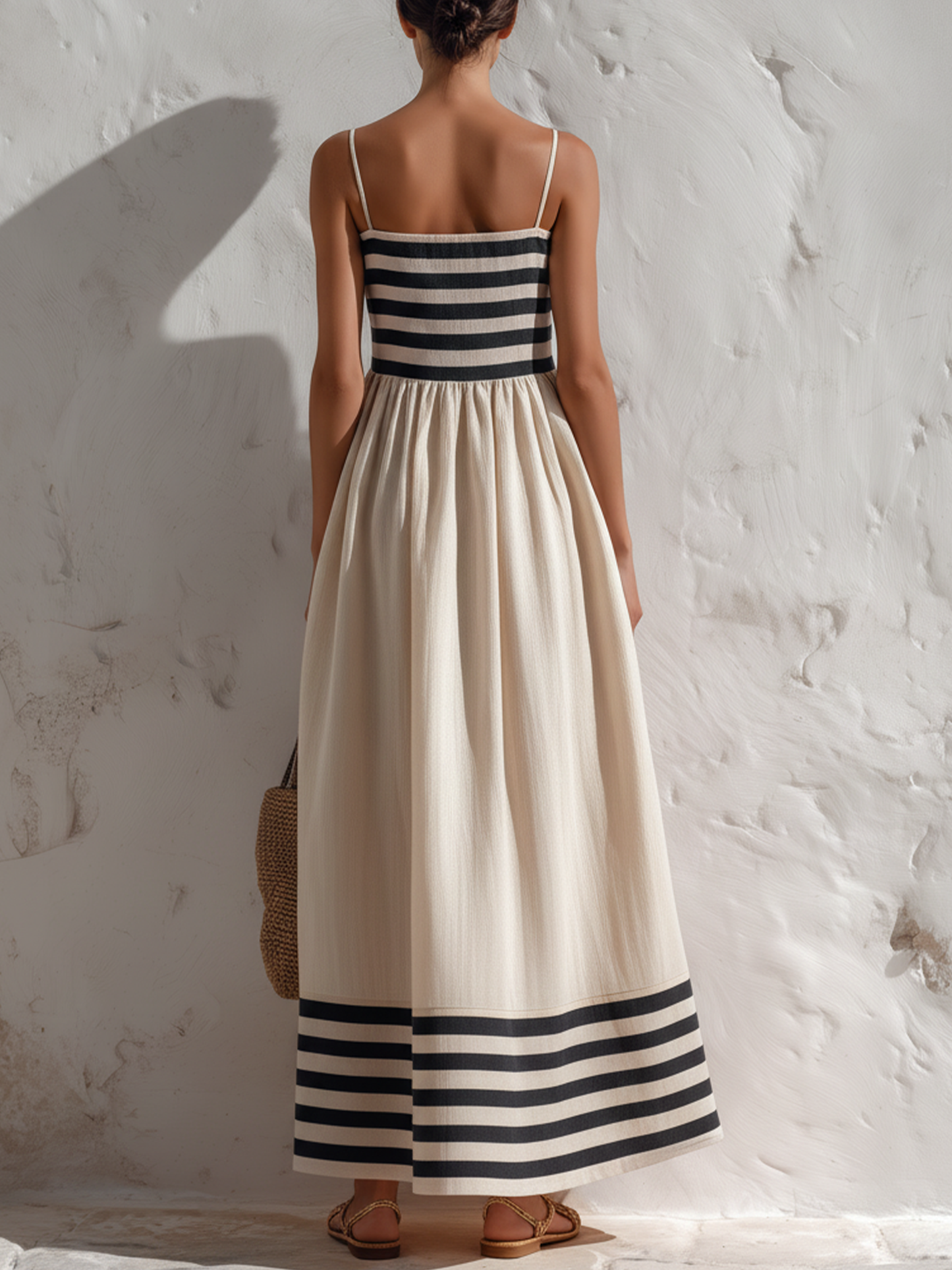 Ortensia | Robe longue à rayures noires et beiges à fines bretelles