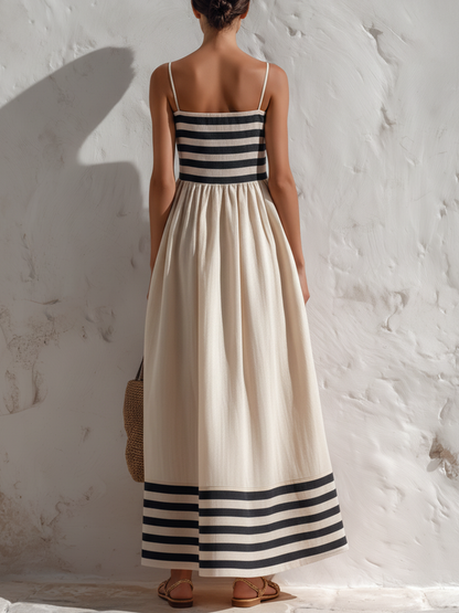 Ortensia | Robe longue à rayures noires et beiges à fines bretelles