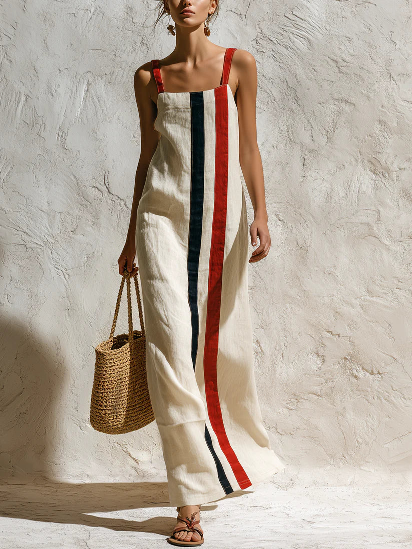 Julia | Robe longue sans manches en mélange de lin à rayures verticales