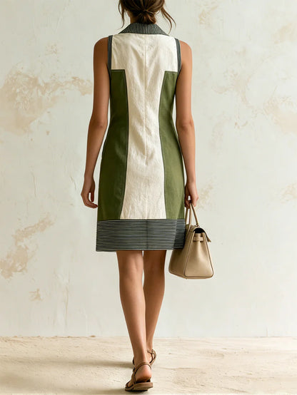Angeles | Robe chemise courte en lin color block à finitions rayées