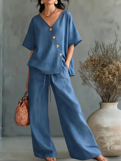 GEORGINA | Conjunto 2 Piezas Blusa con Botones Cruzados y Pantalón Palazzo