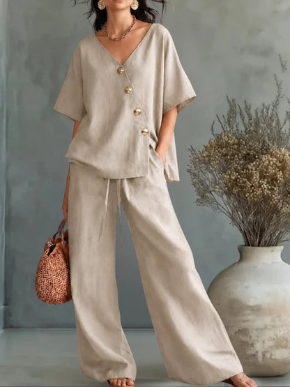GEORGINA | Conjunto 2 Piezas Blusa con Botones Cruzados y Pantalón Palazzo