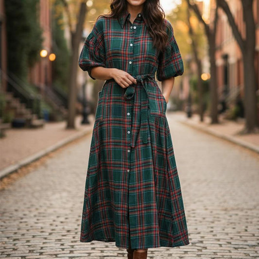 NOLEA Women’s Christmas Plaid Dress – Maxi, Pockets & Belt