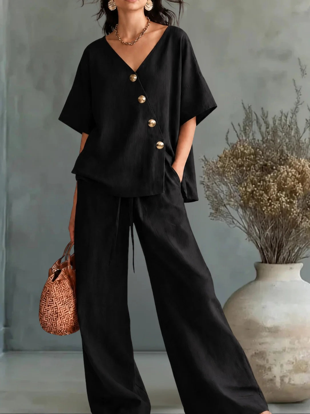 GEORGINA | Conjunto 2 Piezas Blusa con Botones Cruzados y Pantalón Palazzo