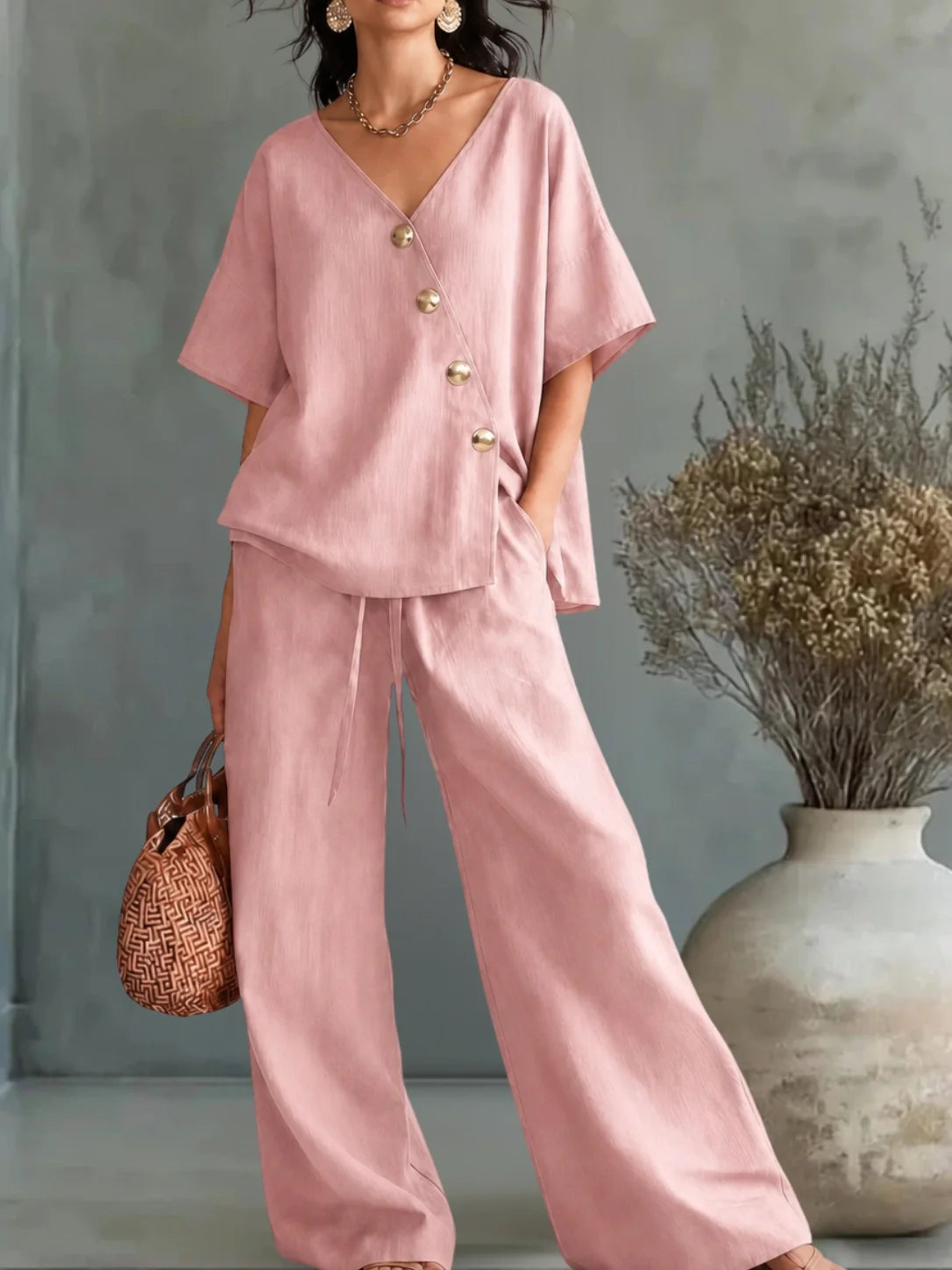 GEORGINA | Conjunto 2 Piezas Blusa con Botones Cruzados y Pantalón Palazzo