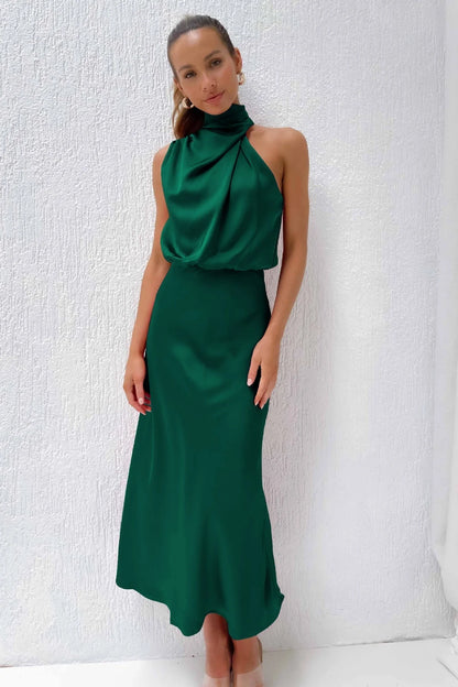 ELISE | Vestido Maxi Satinado de Hombros Descubiertos