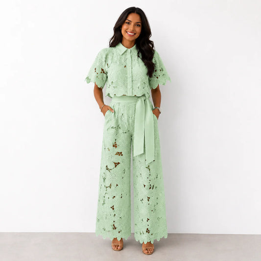 ODISEA | Conjunto 2 Piezas Blusa Bordada de Encaje y Pantalón Calado