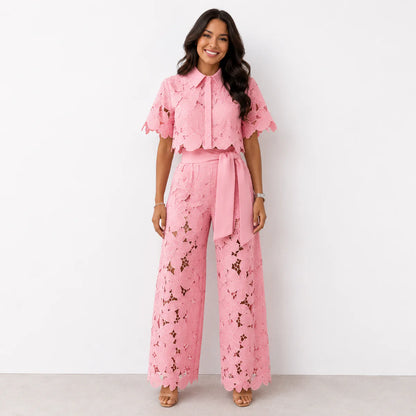 ODISEA | Conjunto 2 Piezas Blusa Bordada de Encaje y Pantalón Calado