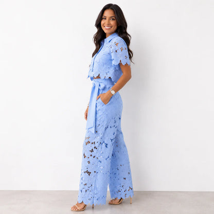 ODISEA | Conjunto 2 Piezas Blusa Bordada de Encaje y Pantalón Calado
