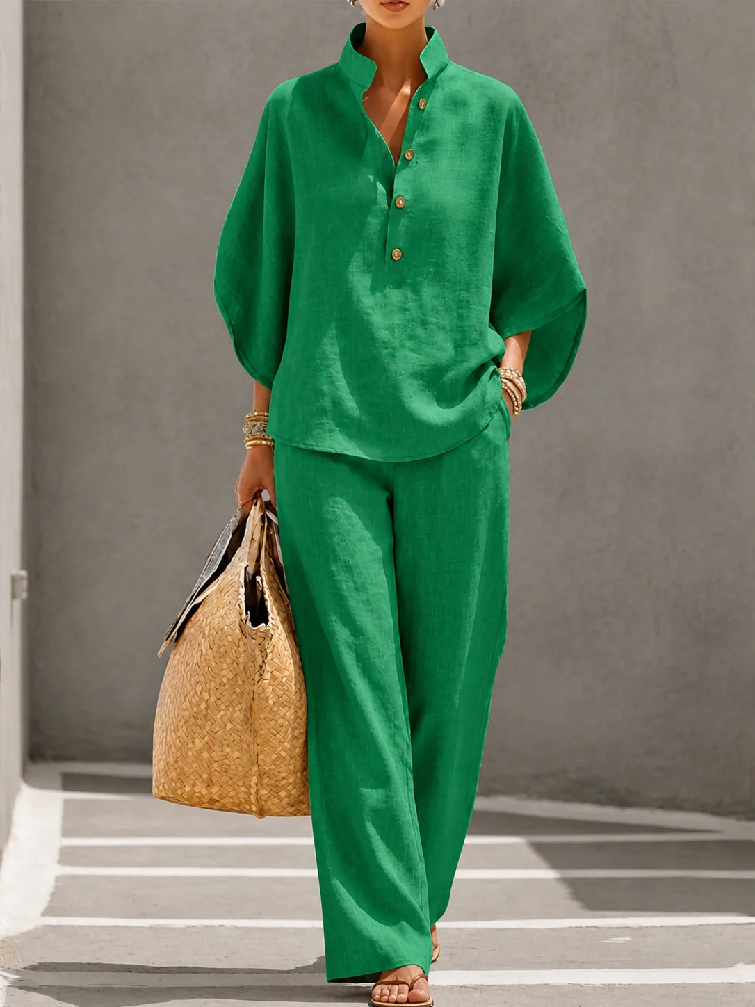 CAMILLE | Conjunto 2 Piezas Camisa de Mangas Anchas y Pantalón Holgado