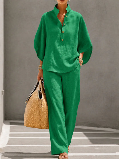 CAMILLE | Conjunto 2 Piezas Camisa de Mangas Anchas y Pantalón Holgado