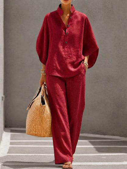 CAMILLE | Conjunto 2 Piezas Camisa de Mangas Anchas y Pantalón Holgado