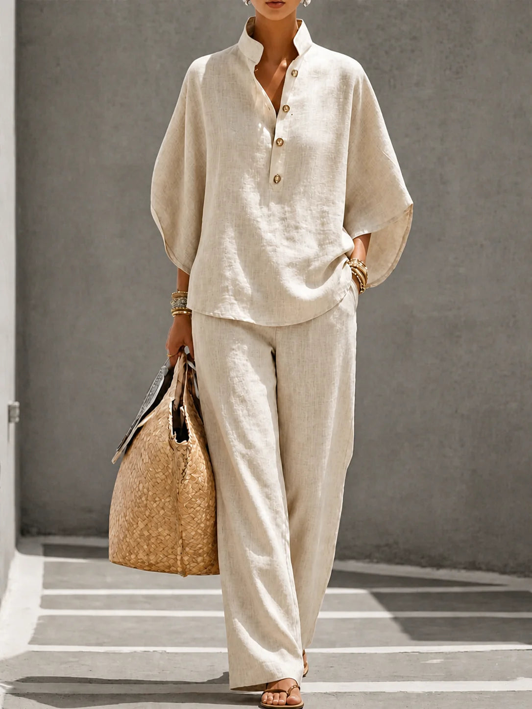 CAMILLE | Conjunto 2 Piezas Camisa de Mangas Anchas y Pantalón Holgado