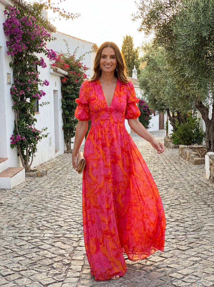 HERAS | Vestido con Estampado Floral Cintura Alta y Cuello en V