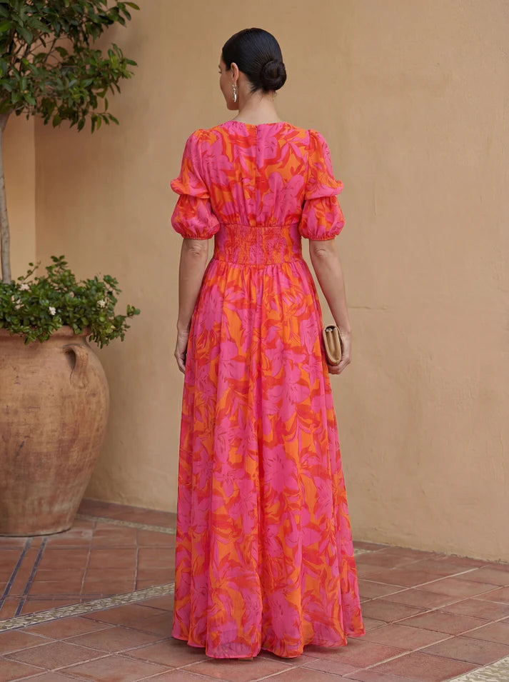HERAS | Vestido con Estampado Floral Cintura Alta y Cuello en V