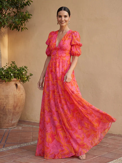 HERAS | Vestido con Estampado Floral Cintura Alta y Cuello en V