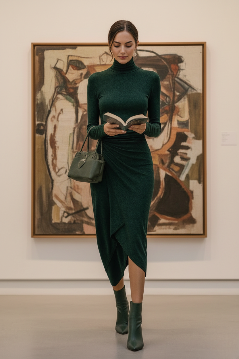 Lenora – Vestido midi verde asimétrico