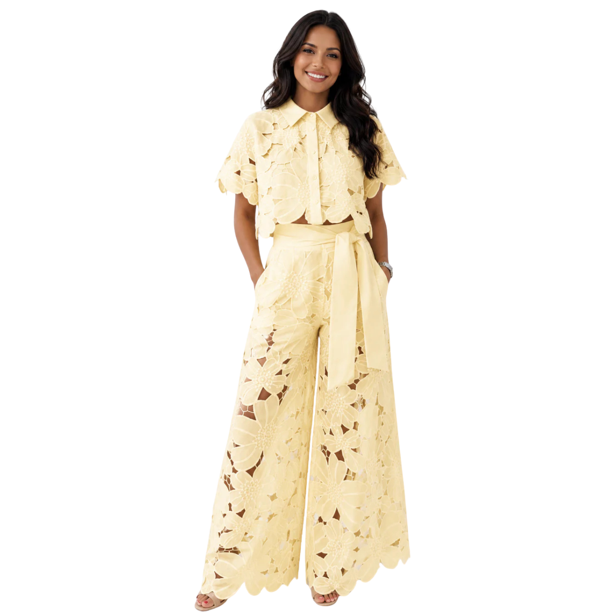 ODISEA | Conjunto 2 Piezas Blusa Bordada de Encaje y Pantalón Calado