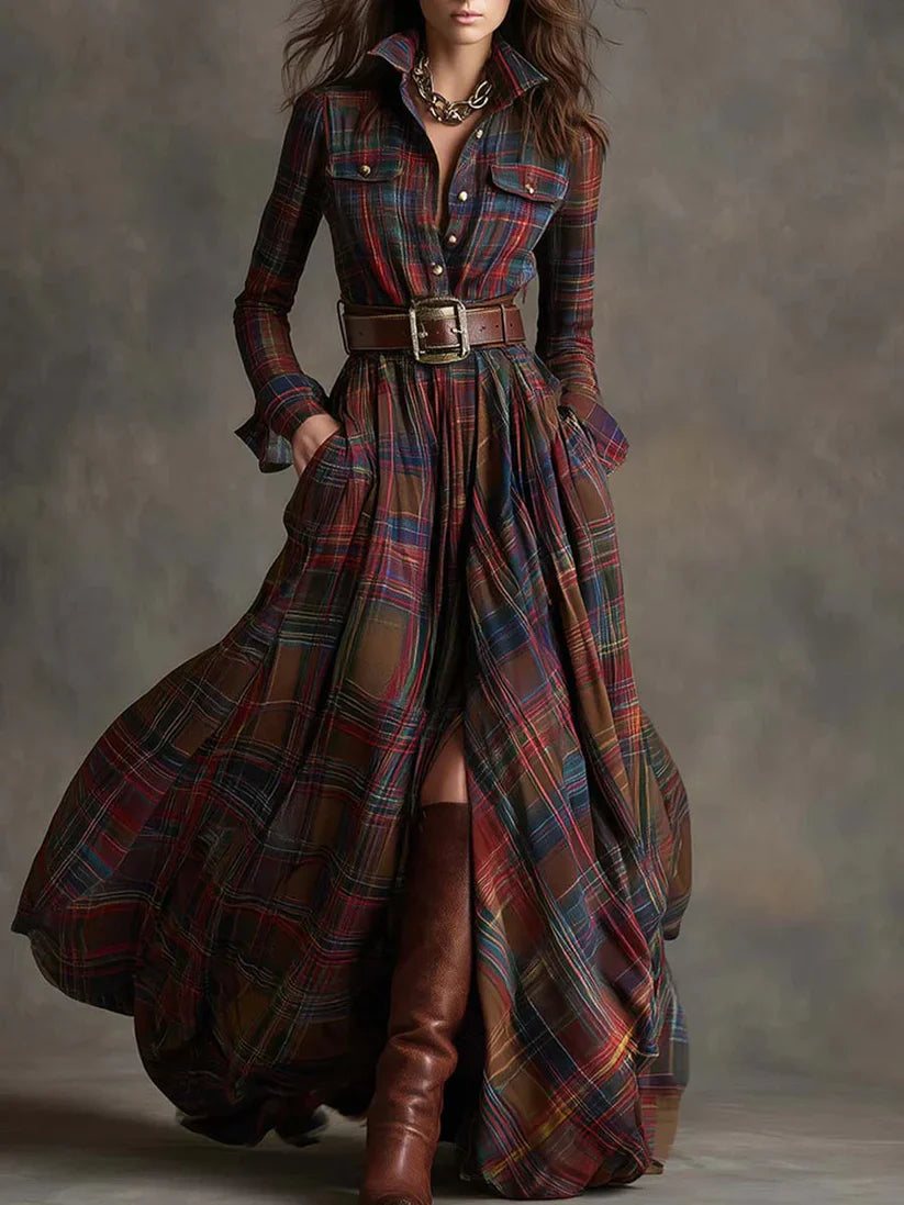 NOLEA Plaid Long Dress with Belt Included