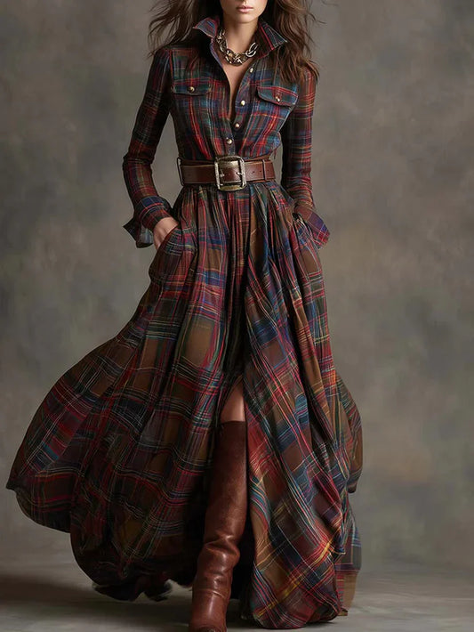 NOLEA Plaid Long Dress with Belt Included