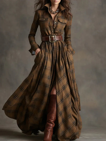 NOLEA Plaid Long Dress with Belt Included