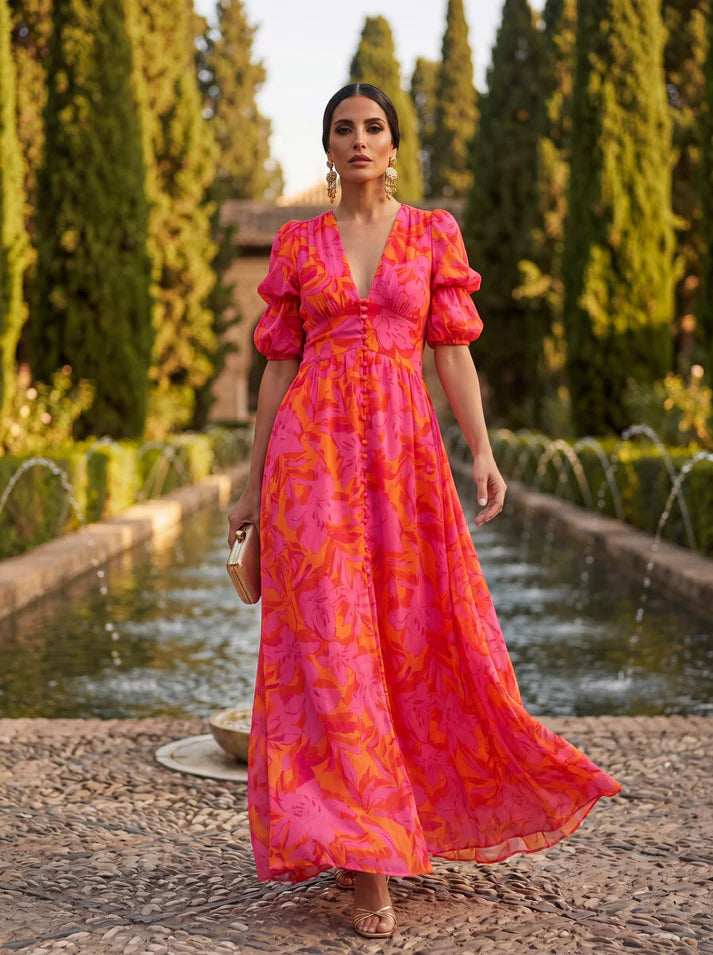 HERAS | Vestido con Estampado Floral Cintura Alta y Cuello en V