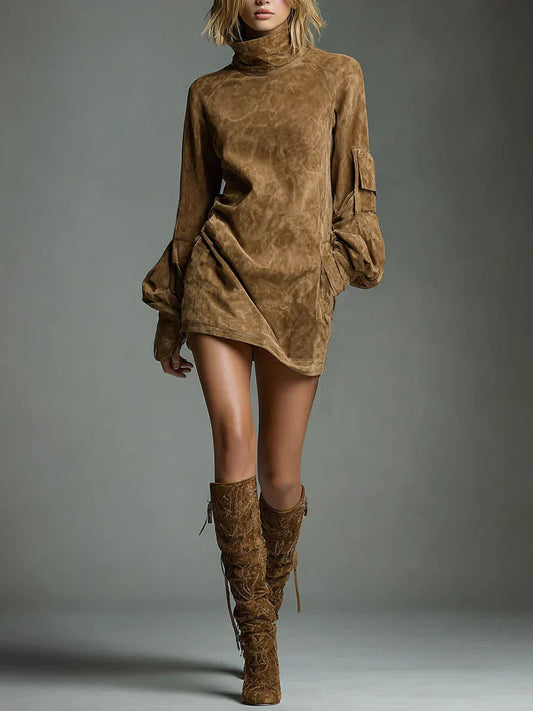 Beli | Mini vestido de ante suelto con cuello alto