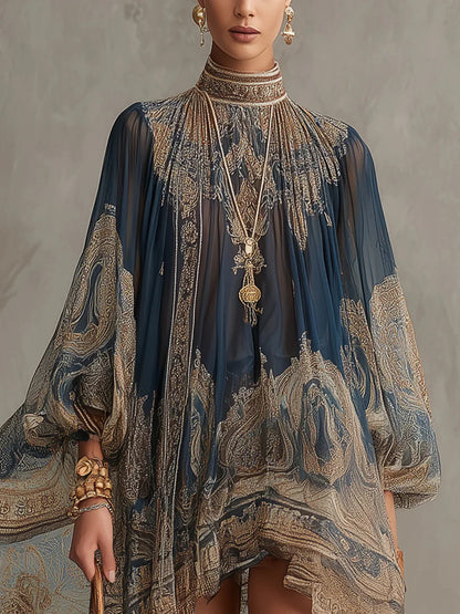 Marianna | Mini robe en mousseline bleu marine à imprimé baroque doré
