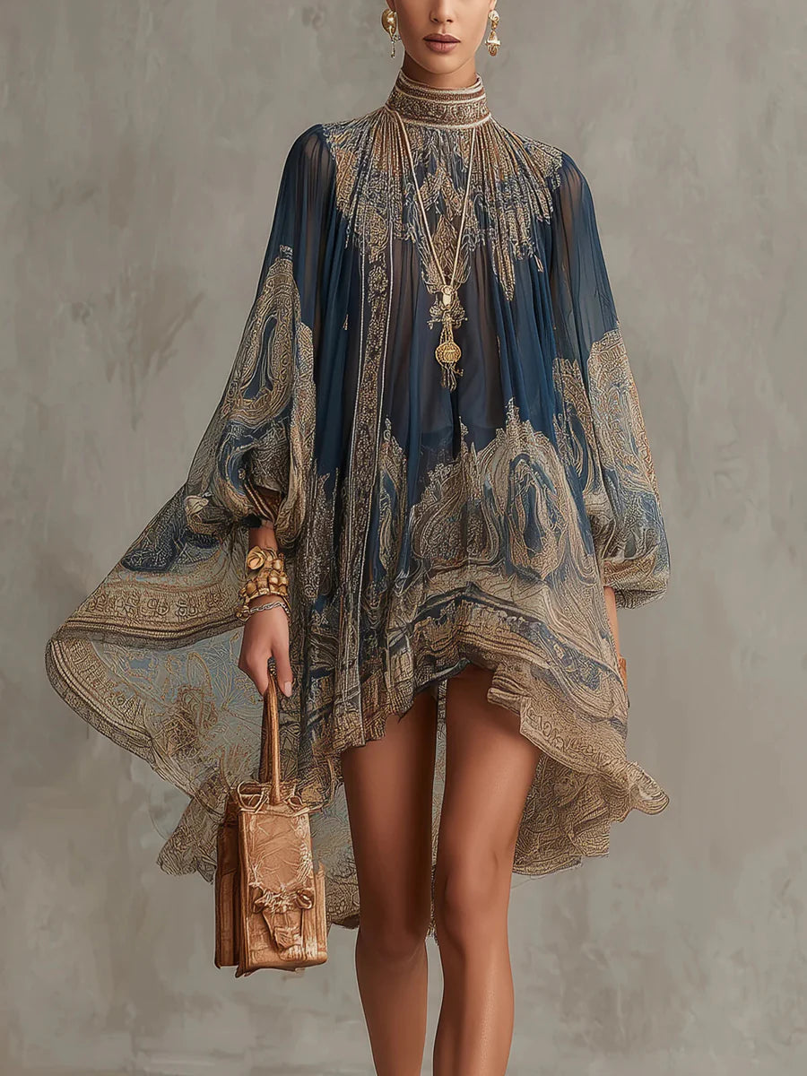 Marianna | Mini robe en mousseline bleu marine à imprimé baroque doré
