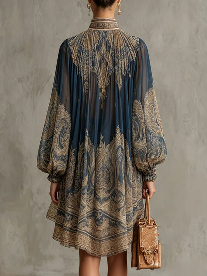 Marianna | Mini robe en mousseline bleu marine à imprimé baroque doré