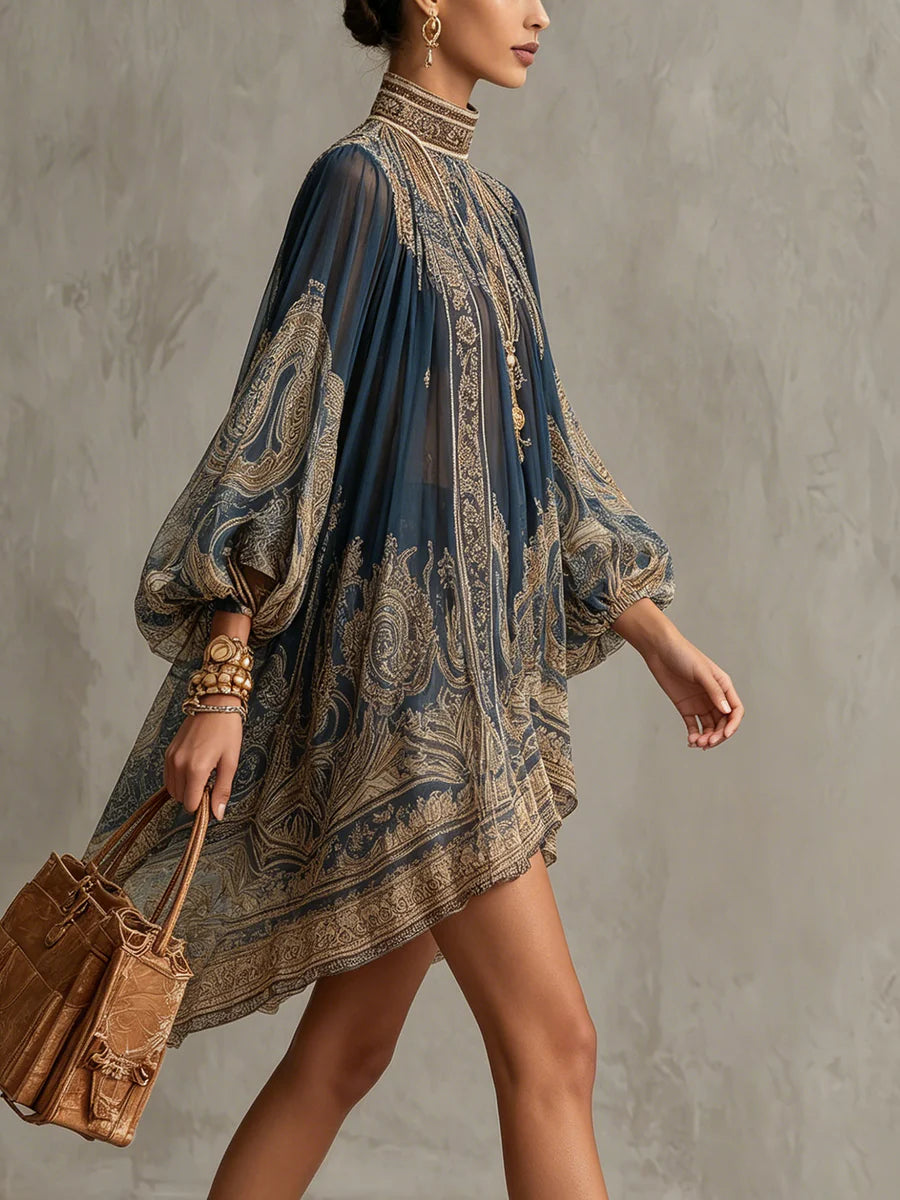 Marianna | Mini robe en mousseline bleu marine à imprimé baroque doré