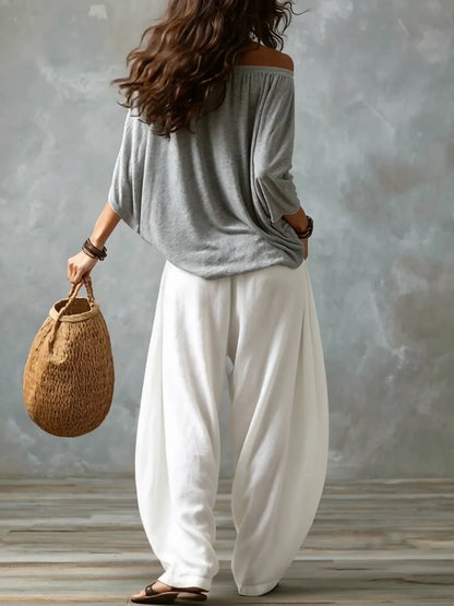 Clara | Ensemble blanc épaules dénudées et pantalon ample