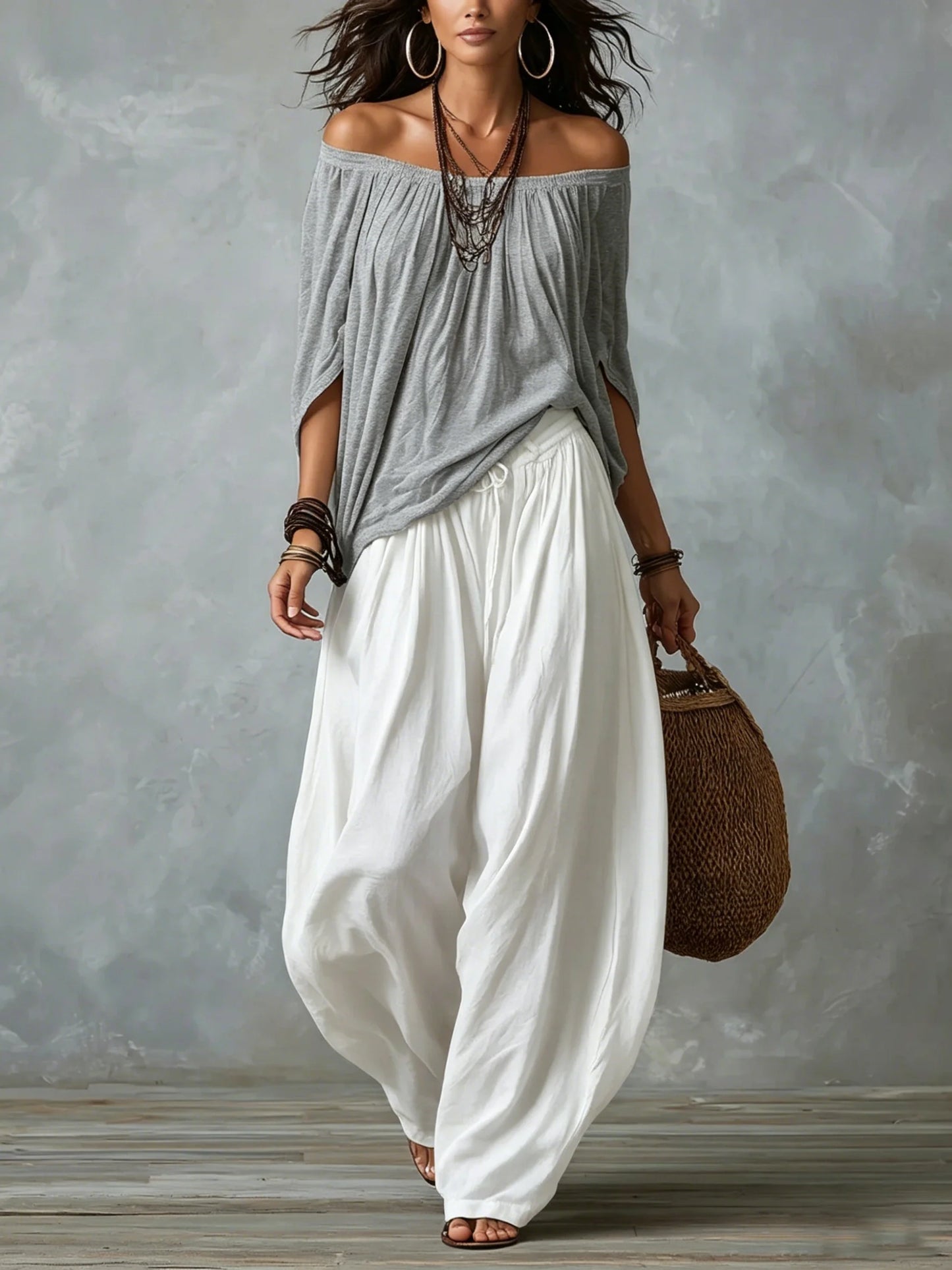Clara | Ensemble blanc épaules dénudées et pantalon ample