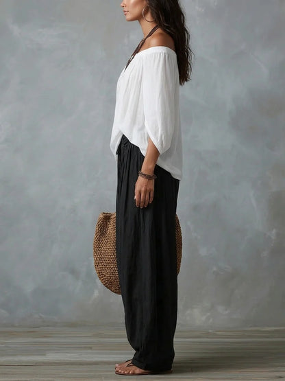 Clara | Ensemble blanc épaules dénudées et pantalon ample