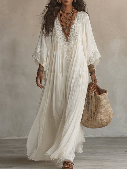 Celeste | Robe longue en mousseline ivoire à manches chauve-souris et dentelle blanche