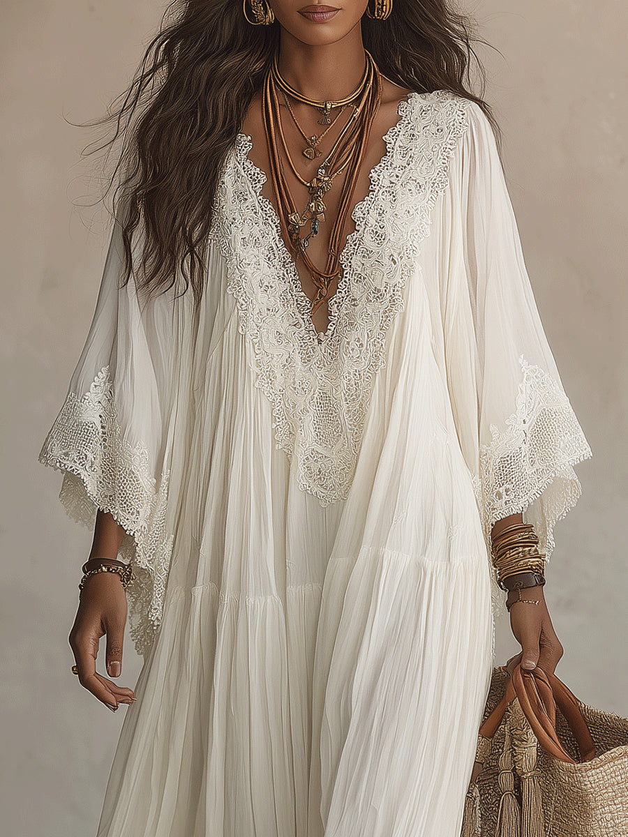 Celeste | Robe longue en mousseline ivoire à manches chauve-souris et dentelle blanche