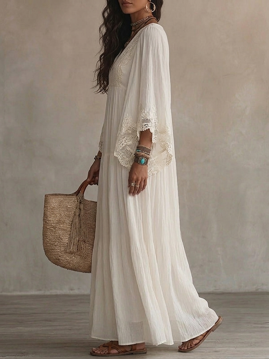 Celeste | Robe longue en mousseline ivoire à manches chauve-souris et dentelle blanche